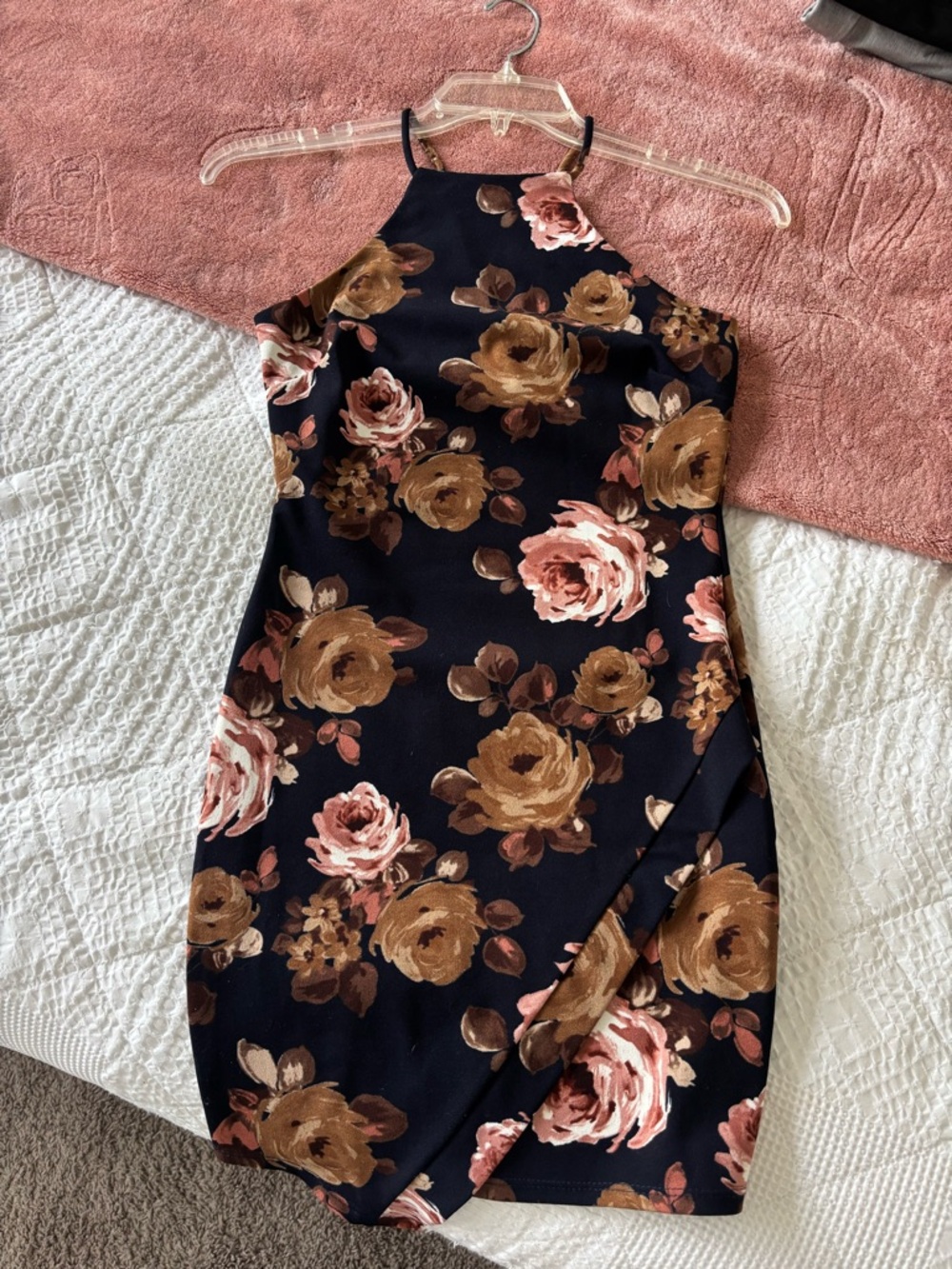 Floral Halter Bodycon Dress with Pink & Brown Roses